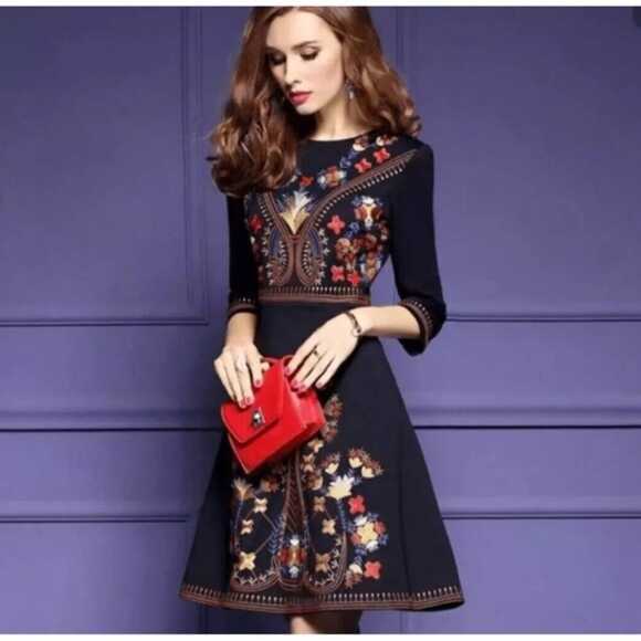 Lai Meng Five Cats Dresses & Skirts - LAI MENG FIVE CATS Elegant Black Floral Embroidered Dress